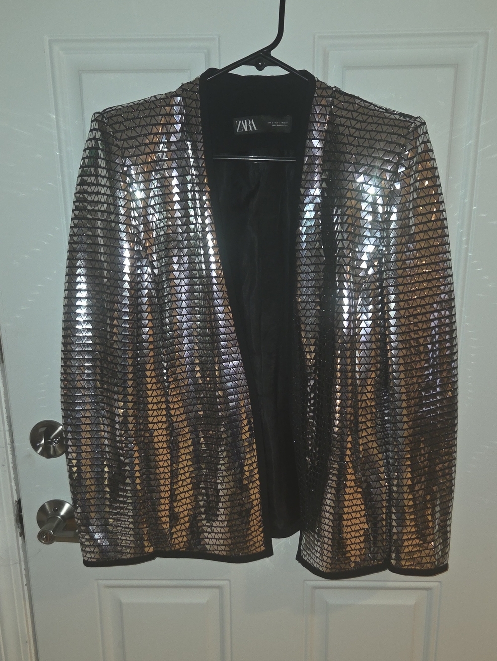ZARA Silver Mirror Sequin Statement Blazer – Size Large